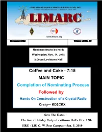 7:15 MAIN TOPIC Completion of Nominating Process Followed by Hands on Construction of a Crystal Radio Craig— KD2CKX