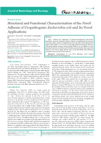 Structural and Functional Characterization of the Fimh Adhesin of Uropathogenic Escherichia Coli and Its Novel Applications