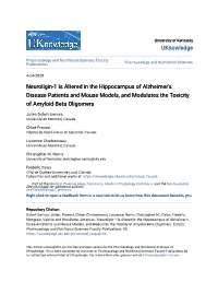 Neuroligin-1 Is Altered in the Hippocampus of Alzheimer's Disease Patients and Mouse Models, and Modulates the Toxicity of Amyloid-Beta Oligomers