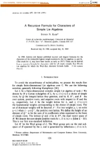 A Recursive Formula for Characters of Simple Lie Algebras