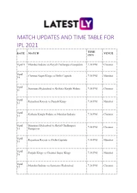 Match Updates and Time Table for Ipl 2021 Time Date Match Venue (Ist)