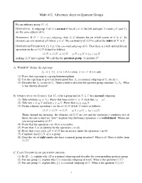 Math 412. Adventure Sheet on Quotient Groups