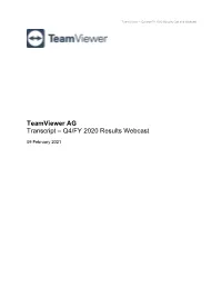 Teamviewer AG Transcript – Q4/FY 2020 Results Webcast