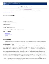 Special Collections Department READ FAMILY PAPERS Table Of