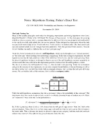 Notes: Hypothesis Testing, Fisher's Exact Test