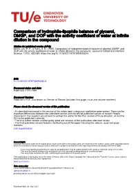 Comparison of Hydrophile-Lipophile Balance of Glycerol, DMGP, and DOP with the Activity Coefficient of Water at Infinite Dilution in the Compound