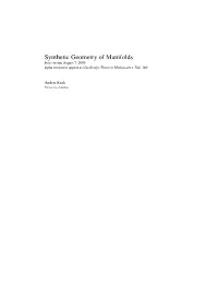 Synthetic Geometry of Manifolds Beta Version August 7, 2009 Alpha Version to Appear As Cambridge Tracts in Mathematics, Vol