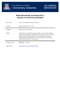 Robert Browning: an Interpreter's Analysis of Selected Monologues