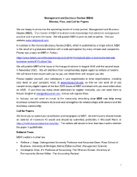 Management and Business Review (MBR) Mission, Plan, and Call for Papers