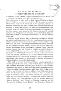MALTESE FOLKLORE in a MEDITERRANEAN CONTEXT CASSAR-PULLICINO, JOSEPH, Studies in Maltese Folklore
