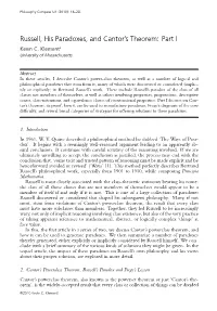 Russell, His Paradoxes, and Cantor's Theorem: Part I