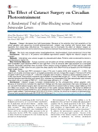 The Effect of Cataract Surgery on Circadian Photoentrainment a Randomized Trial of Blue-Blocking Versus Neutral Intraocular Lenses