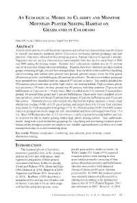 An Ecological Model to Classify and Monitor Mountain Plover Nesting Habitat on Grasslands in Colorado