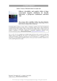 Efficacy, Tolerability, and Cognitive Effects of Deep Transcranial Magnetic Stimulation for Late-Life Depression: a Prospective Randomized Controlled Trial