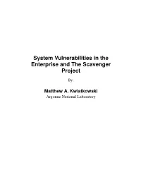 System Vulnerabilities in the Enterprise and the Scavenger Project