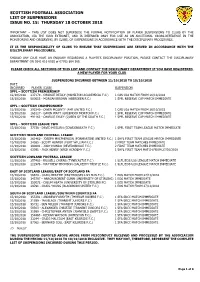 Scottish Football Association List of Suspensions Issue No. 15: Thursday 18 October 2018
