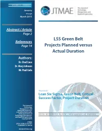 LSS Green Belt Projects Planned Versus Actual Duration