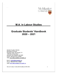 MA in Labour Studies Graduate Students' Handbook 2020 – 2021