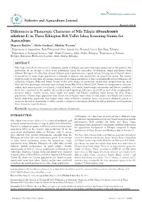 (Oreochromis Niloticus L) in Three Ethiopian