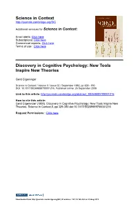 Science in Context Discovery in Cognitive Psychology: New Tools Inspire New Theories