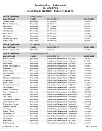 Candidate List - Abbreviated ALL COUNTIES 2020 PRIMARY ELECTION - 5/5/2020 11:59:00 PM