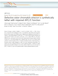 Defective Sister Chromatid Cohesion Is Synthetically Lethal with Impaired APC/C Function