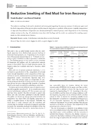 Reductive Smelting of Red Mud for Iron Recovery