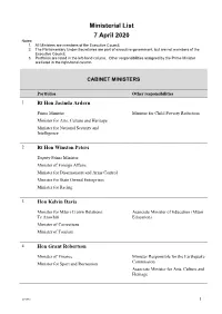 Ministerial List 7 April 2020 Notes: 1