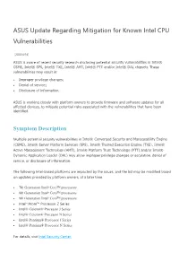 ASUS Update Regarding Mitigation for Known Intel CPU Vulnerabilities