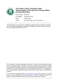 The Lisbon Treaty: Choosing a High Representative of the Union for Foreign Affairs and Security Policy