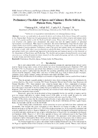 Preliminary Checklist of Spices and Culinary Herbs Sold in Jos, Plateau State, Nigeria