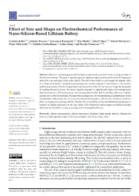 Effect of Size and Shape on Electrochemical Performance of Nano-Silicon-Based Lithium Battery