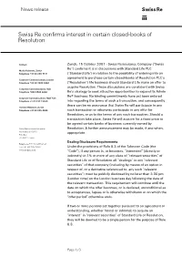 Swiss Re Confirms Interest in Certain Closed-Books of Resolution