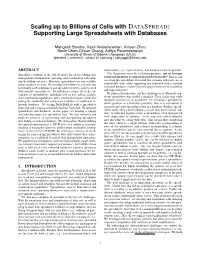 Scaling up to Billions of Cells with DATASPREAD: Supporting Large Spreadsheets with Databases