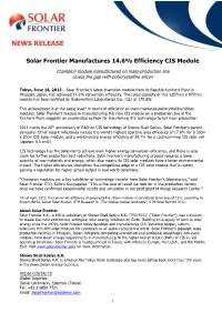 Solar Frontier Manufactures 14.6% Efficiency CIS Module