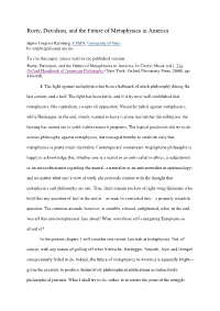 Rorty, Davidson, and the Future of Metaphysics in America