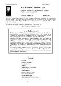 DEPARTMENT of MATHEMATICS School of Mathematical & Information Sciences the University of Auckland Publicity Bulletin #4