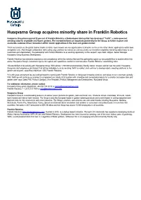 Husqvarna Group Acquires Minority Share in Franklin Robotics