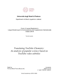 Translating Youtube Chemistry: an Analysis of Popular Science Based on Youtube Video Subtitles