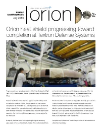 Orion Heat Shield Progressing Toward Completion at Textron Defense Systems