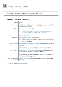 Thursday 1 October 2020 Order Paper No.109: Part 1