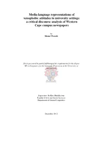 Media Language Representations of Xenophobic Attitudes in University Settings: a Critical Discourse Analysis of Western Cape Campus Newspapers