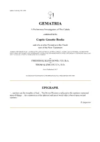 GEMATRIA: a Preliminary Investigation of the Cabala