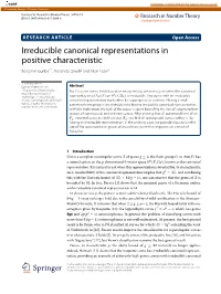 Irreducible Canonical Representations in Positive Characteristic