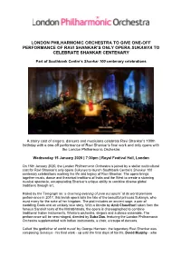 London Philharmonic Orchestra to Give One-Off Performance of Ravi Shankar’S Only Opera Sukanya to Celebrate Shankar Centenary
