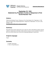 September 23, 1949 Statement by President Truman in Response to First Soviet Nuclear Test