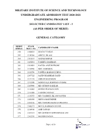 Military Institute of Science and Technology Undergraduate Admission Test 2020-2021 Engineering Program Selected Candidates’ List - 2 (As Per Order of Merit)