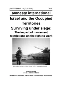 Amnesty International Israel and the Occupied Territories Surviving Under Siege: the Impact of Movement Restrictions on the Right to Work