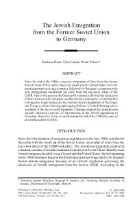 The Jewish Emigration from the Former Soviet Union to Germany