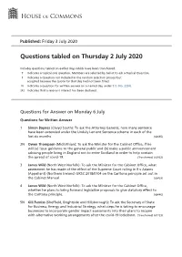 Questions Tabled on Thu 2 Jul 2020